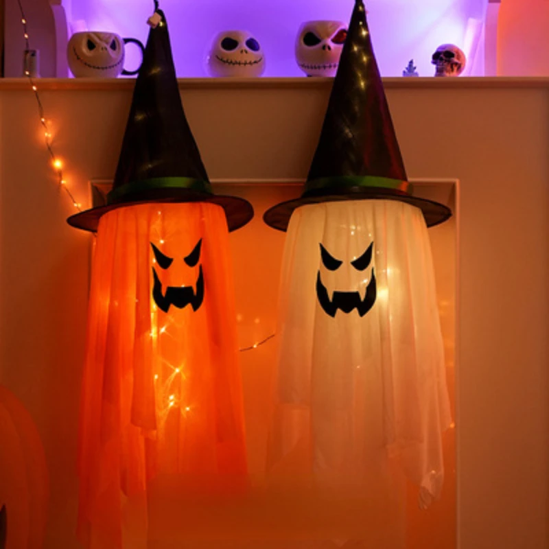 Halloween Decoration LED Fairy Witch Hat Garden Horror Scare Props Glowing Wizard Ghost Hat Lantern For Festival Party Decora