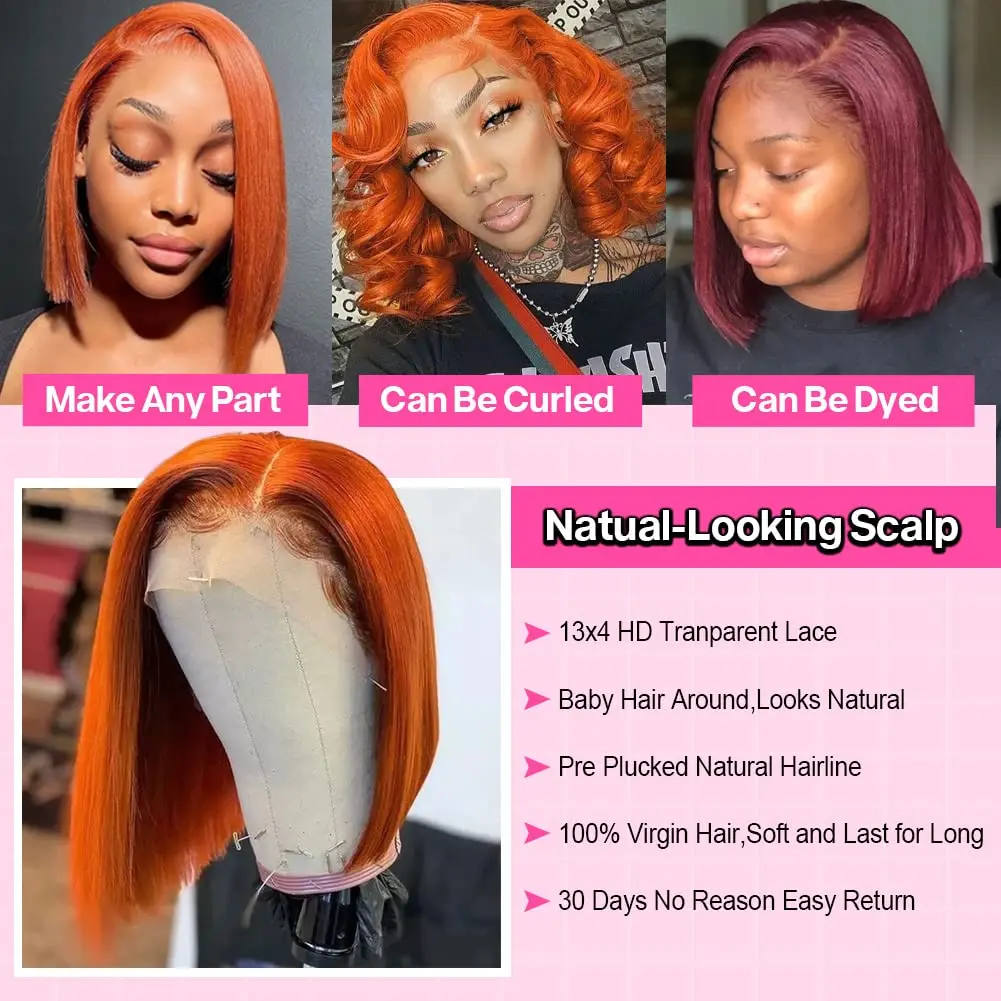 350 Ginger Bob Parrucche anteriori in pizzo Capelli umani 13x4 HD Frontale in pizzo dritto Bob Parrucca arancione zenzero Pre pizzicata con i capelli del bambino