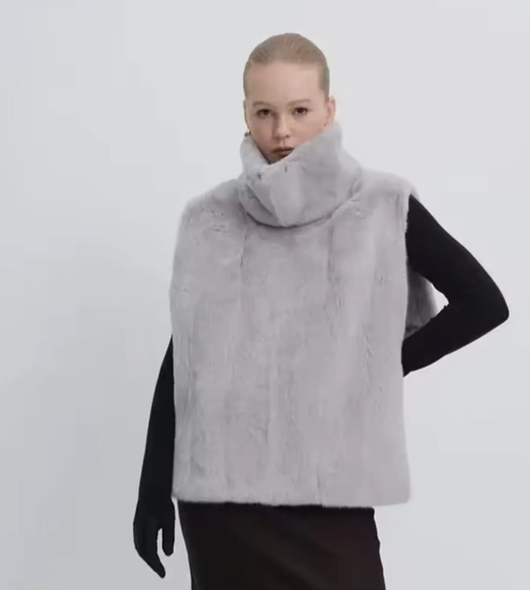 ネオミント 2025 ブランド ファッション フェイクファー セーブルベスト クロップトップ 秋冬 タートルネック エコミンクファー タンクトップ ノースリーブ ジャケット コート