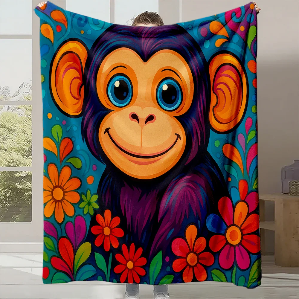1pc Cute Monkey & Floral Print Flannel Blanket - Soft, Warm, and Cozy All-Season Throw with Vibrant Colors | Machine Washable