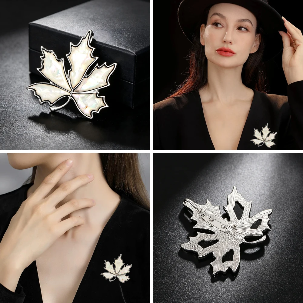 Natural White Mother-of-Pearl Maple Leaf Brooch Pin Pendant Dual Use for Women's Suit Coat Scarf Jewelry Accessory Gift
