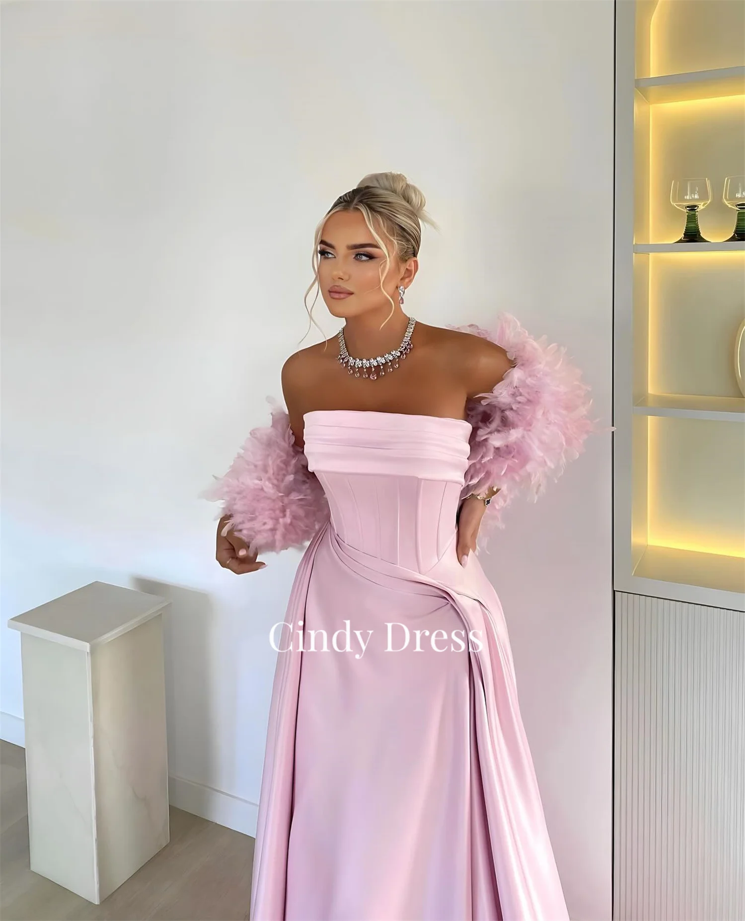 Pink Satin Off-shoulder Feather Elegant Long Tail Saudi Arabia Dresses Women Gala Customized Women\'s Evening Dress Quinceanera