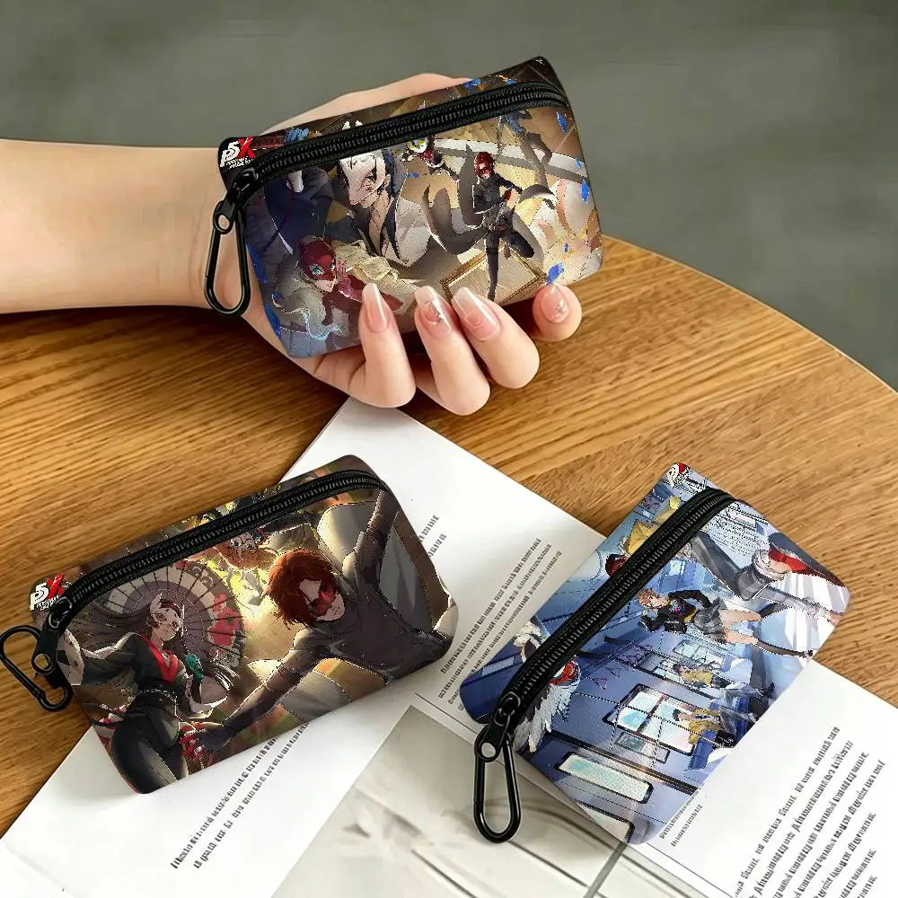 Hot Video P-Persona 5 Gaming Compact Oxford Cloth Coin Purse Detachable Carabiner Hook Portable Key Card Organizer Pouch