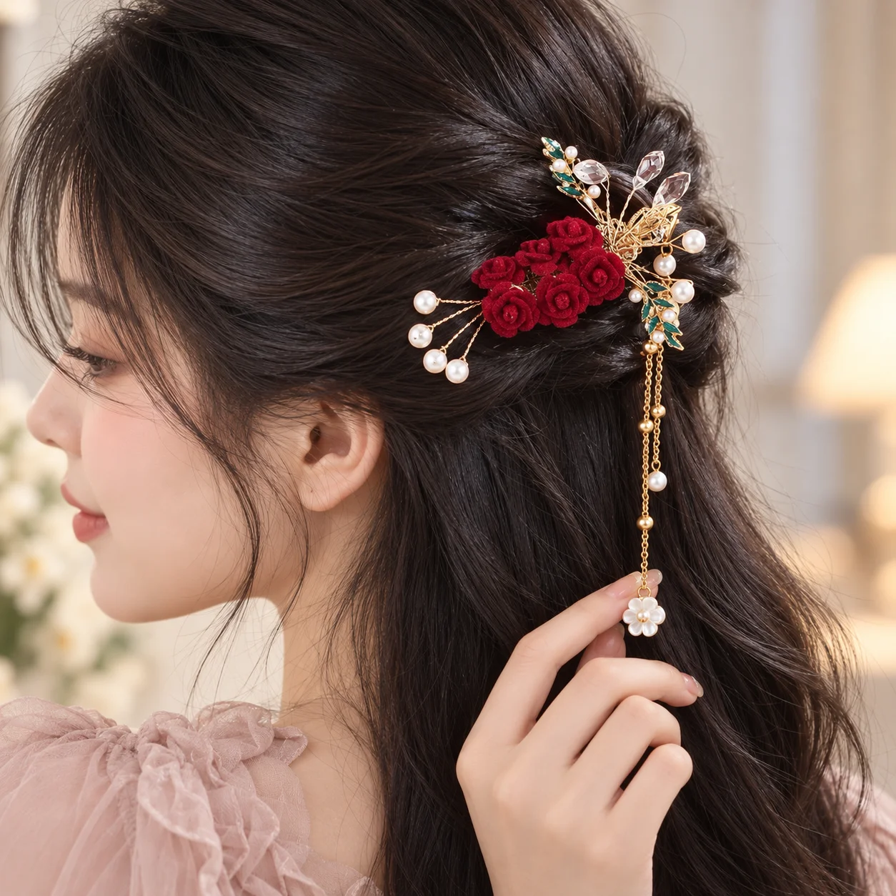 New Chinese-Style Ancient Hairpin for Women, Red Velvet Flower Rose Tassel Hairpin, Imitation Pearl Crystal Leaf Hairpin, Hanfu Style Hair Accessory, Elegant and Graceful Hair Ornament, Suitable for Daily Wear, Date, Wedding, Banquet Styling, Retro National Style Hairpin, High-End Hair Styling Tool, Lightweight and Non-Weighting, Delicate Flower Hair Accessory, Recommended Gift for Girls, Traditional Style Jewelry