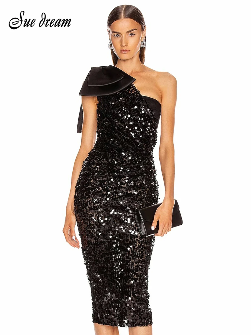 

Sexy One Shoulder Bow Sequins Midi Dress Women Black Slanted Neck Mesh Sequined Slim Dress Elegant Party Evening Club Dresses