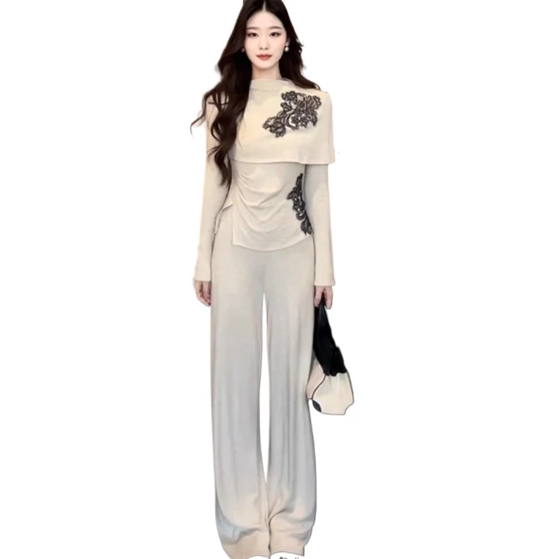 Spring  New Versatile Set Tide Korean Version of Lazy Fake Two-piece Splicing Slim-fitting T-shirt Wide-leg Pants Two-piece Set