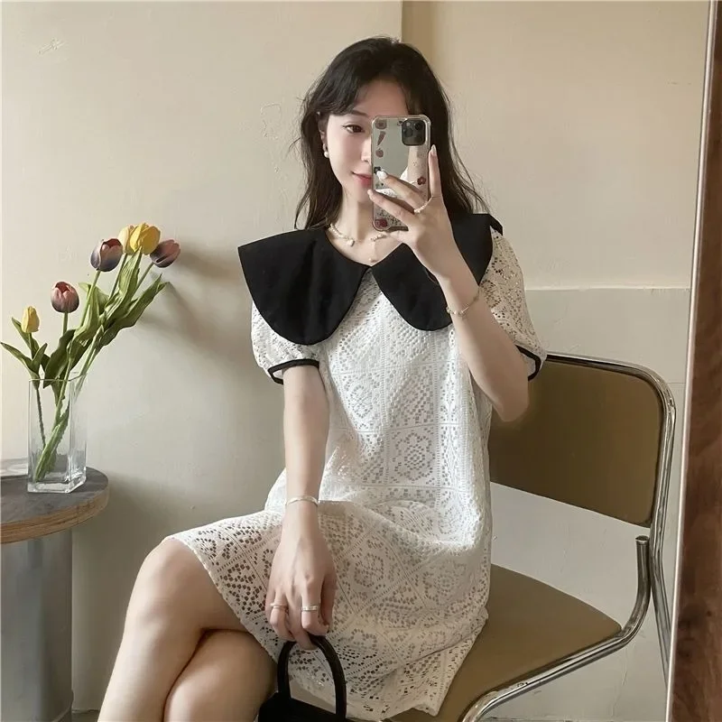 Bow Hollow Out Skirt Women Fashion Straight Summer Dress  Doll Collar Lace Cut-out Short Sleeve New French Style Gentle Dresses