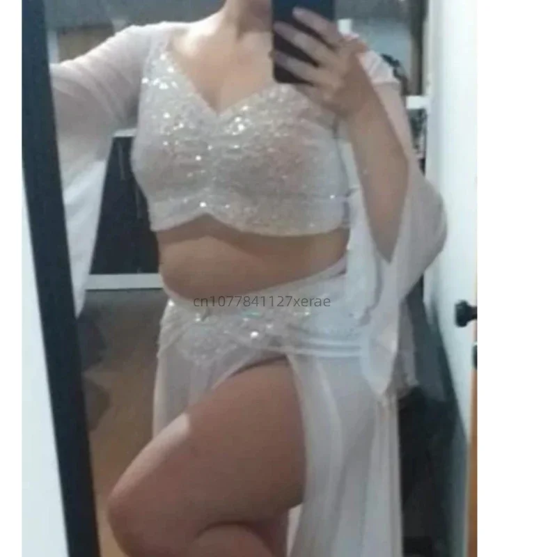 Nouveaux Costumes de danse du ventre, uniformes de classe de danse d'entraînement en maille pailletée, ensembles de danse du ventre haut et jupe, jupes à Double fente