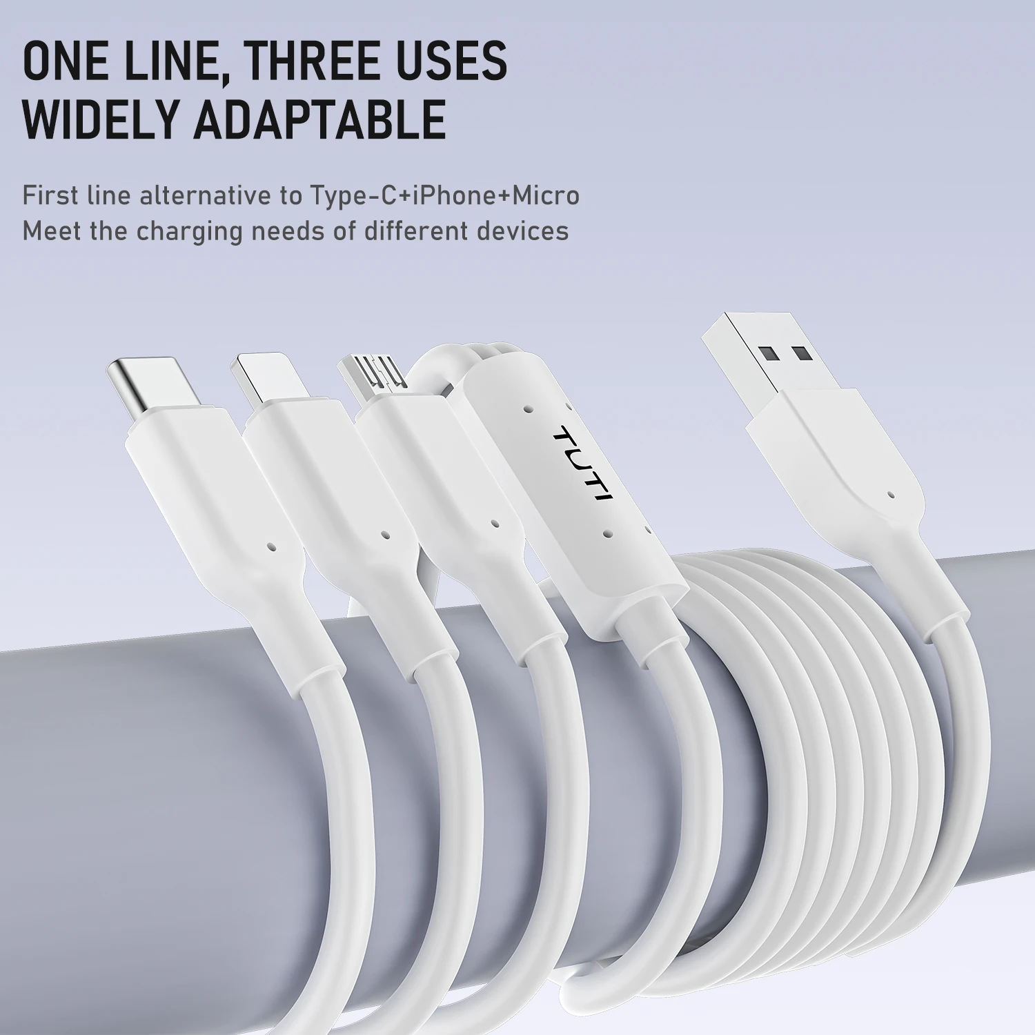 TUTI  3 in 1 USB charger Cable with Lightning Type C Micro USB Connectors for iPhone Android Cell Phones Tablets Use Charging