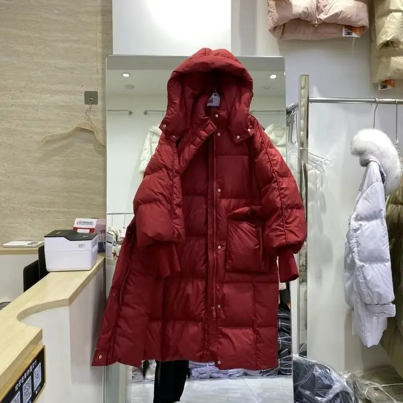 2025 Winter New Women's Down Jacket Commuting Windproof Hooded Knitted Sleeve Straight Tube Down Jacket