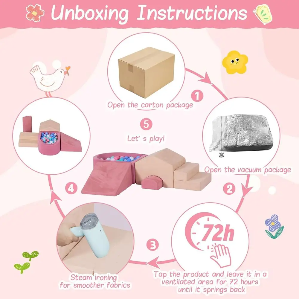 Blocchi da arrampicata in morbida schiuma per bambini - Set da gioco a forma di mini casa con pozzo per palline e tappetino pieghevole, rosa e beige