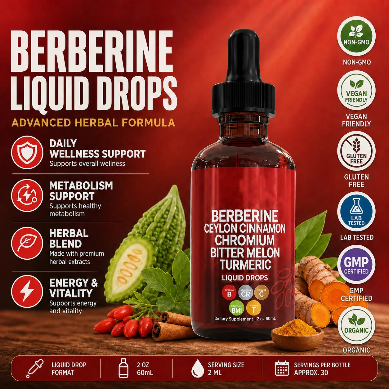 Berberine HCl & Ceylon Cinnamon Liquid Drops with Chromium and Turmeric for Energy, Vitality & Metabolism Support, 60 mL
