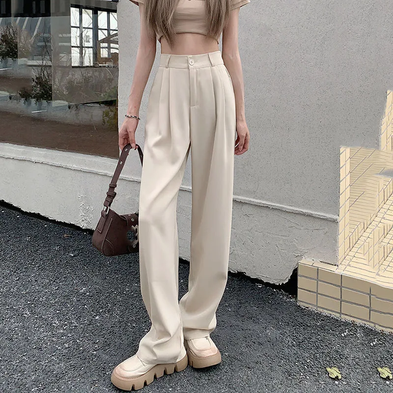 Casual Lose Anzug Hosen Damen Solide Einfache Breite Bein Hosen Koreanische Elastische Hohe Taille Gerade Hosen Frauen Herbst