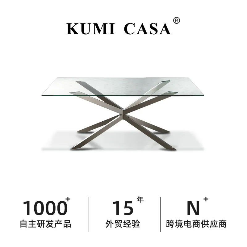 

Light luxury tempered glass dining table Home restaurant High-end French European stainless steel rectangular hotel dining table