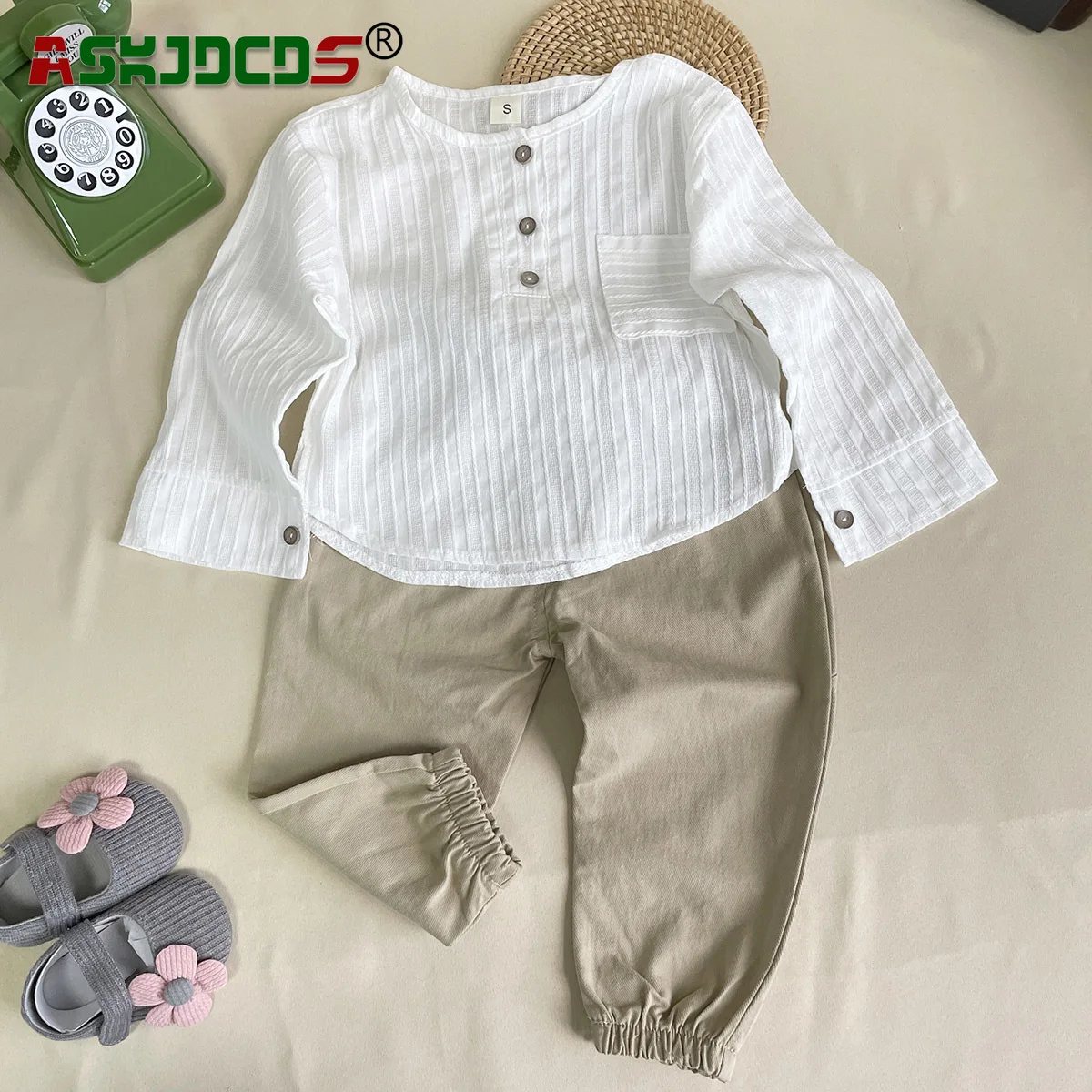 

2023 Autumn Baby Boys Full Sleeve Solid Cotton/ Linen Top Shirts + Harem Pants Set Children Casual Clothing 2pcs 6M-4Y