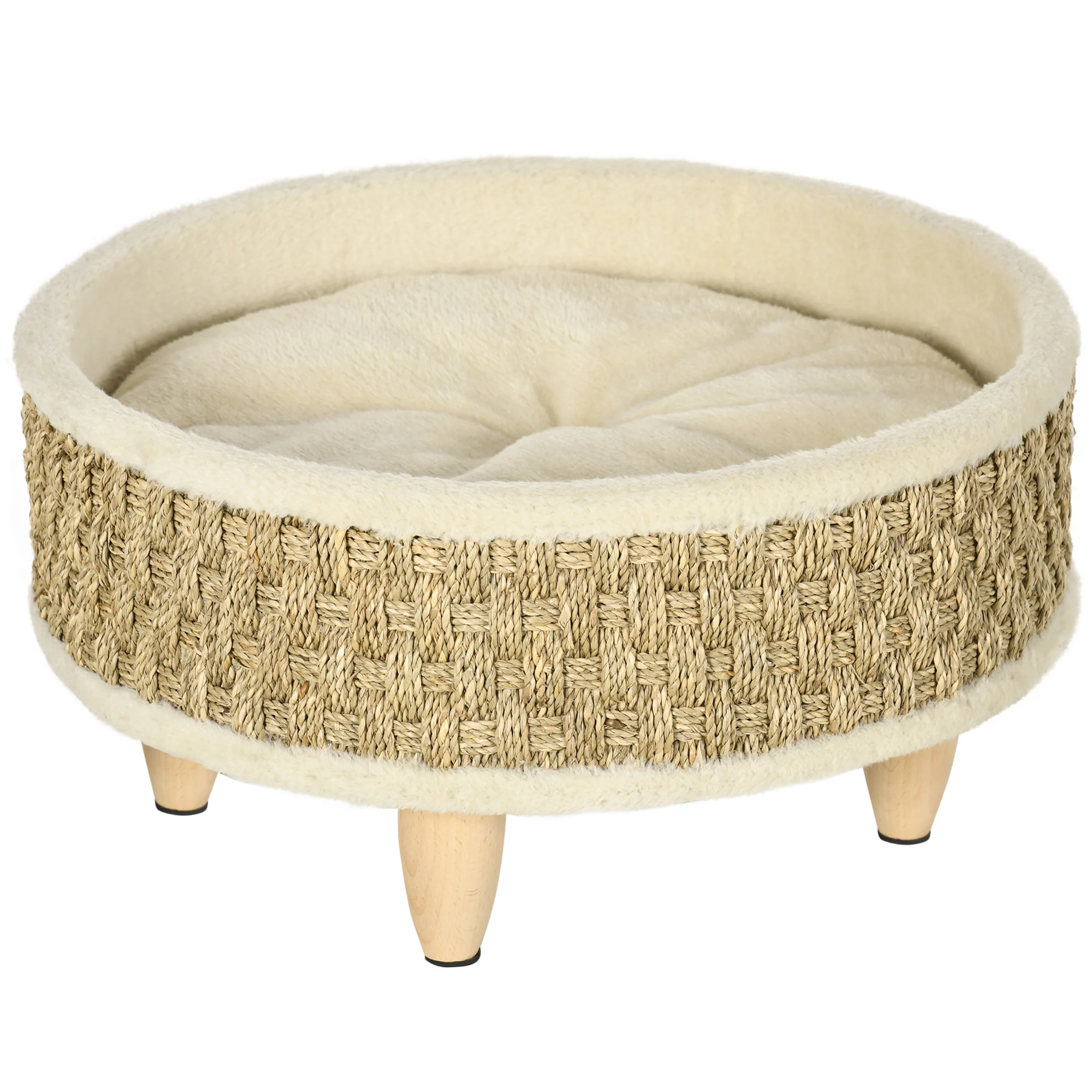 Pawhut Miniatuur hondenbed met wasbaar kussen, zeegras touw en houten frame Ø48X24,5 cm Beige