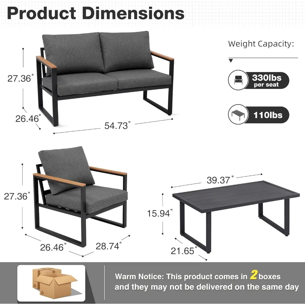 Outdoor Sofa Set 4 Pieces, All-Weather, Coffee Table and Removeble, Washable and High-Resiliency Sponge Cushions, Patio Sofa Set