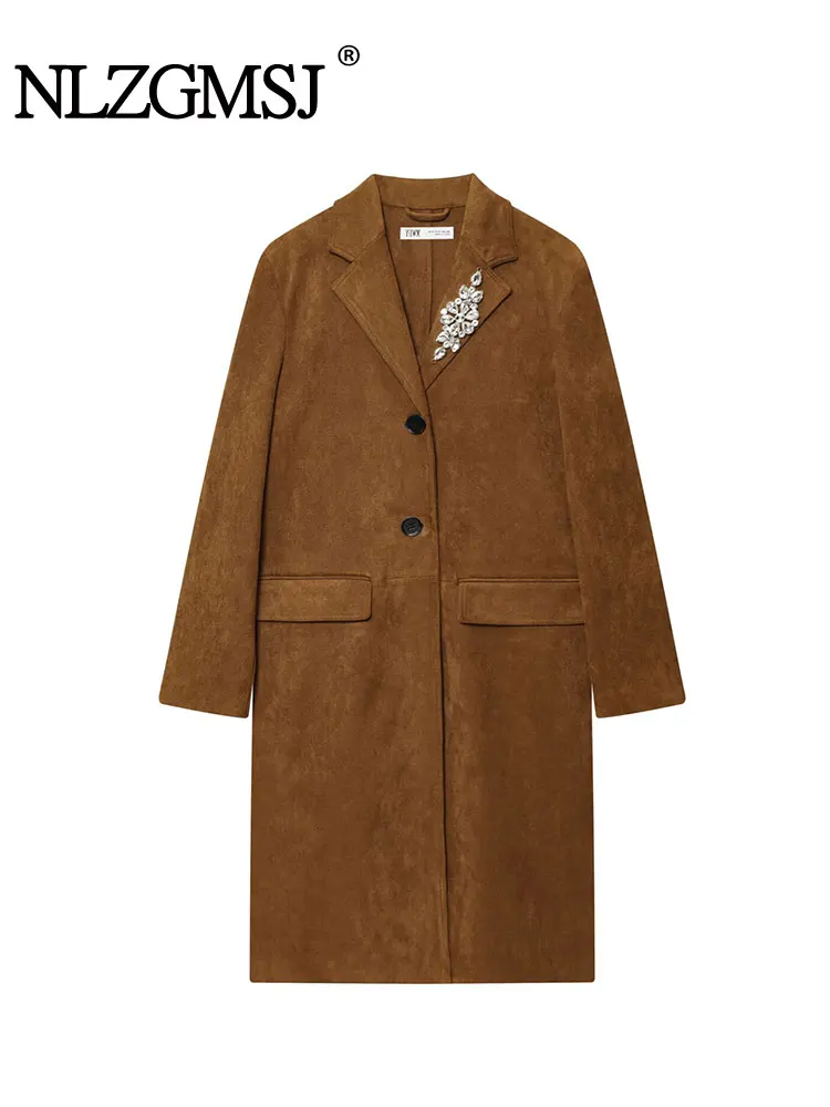 

NLZGMSJ 2025 новое женское длинное замшевое пальто, куртка с отложным воротником, однобортное женское осеннее элегантное пальто с длинными рукавами