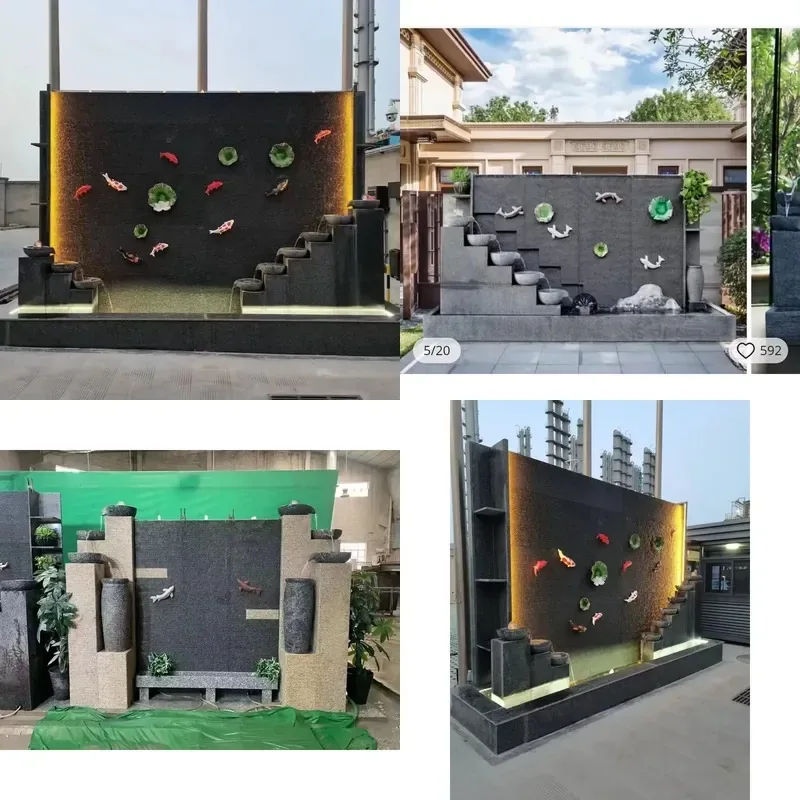 Natural Black Granite Fountain with LED Light for Outdoor Garden Water Features