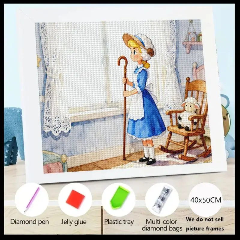 

1 шт. Модный набор для алмазной живописи 5D DIY Full Drill, милый мультфильм Little Bo Peep Shepherdess Girl & Lamb Design, Rhinestone Gem Ar