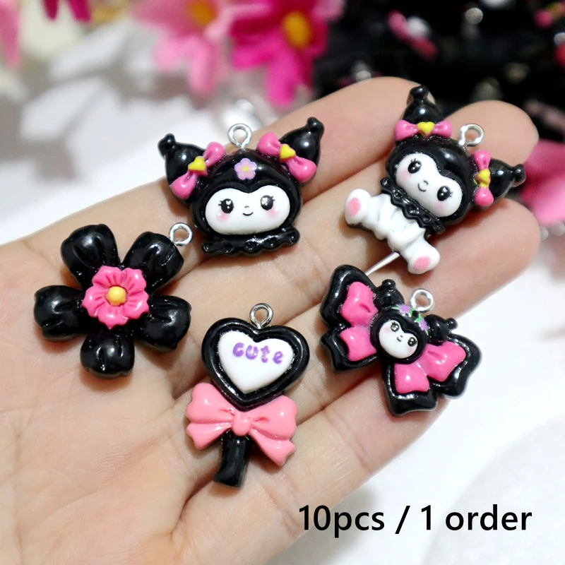 10pcs Kawaii Kuromi Resin Nailing Pendant Cute Bow Flower Shiny Anime Charms DIY Bracelet Earring Keychain Decoration Accessory