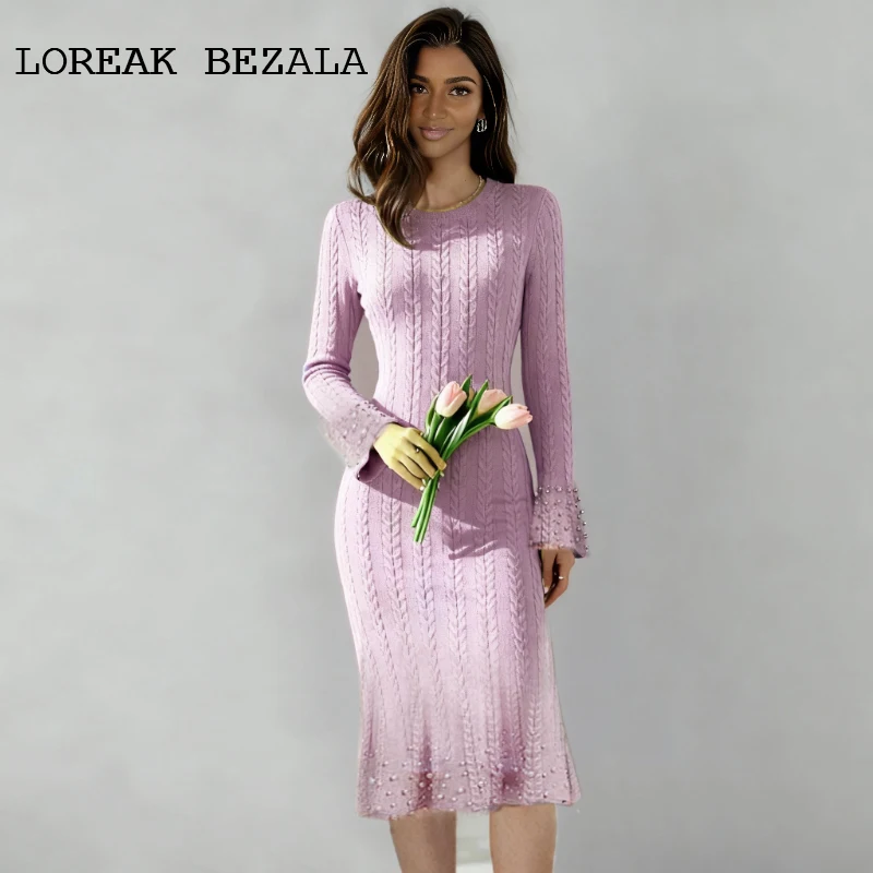 

Knitted Dress Elastic Purple Long sleeveless 2025 Spring/ Autumn dress beading elegant One-piece dress