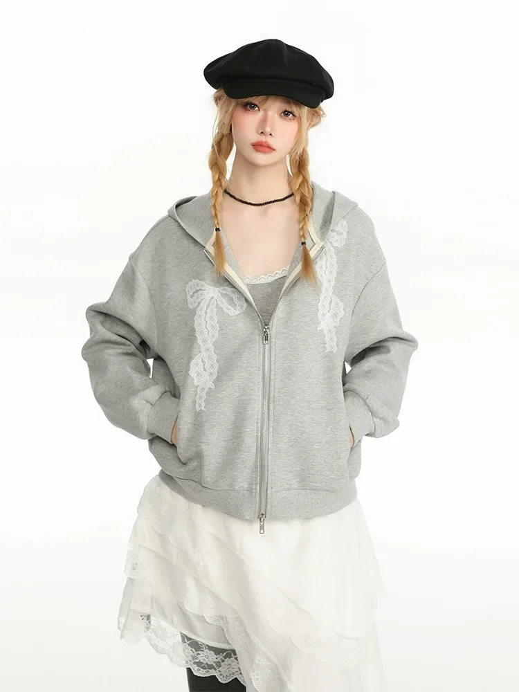 ADAgirl Grey Bow Lace Print Zip Up Hoodies Women Y2k Harajuku Long Sleeve Sweatshirt Korean Fashion Cute Autumn Winter Clothes