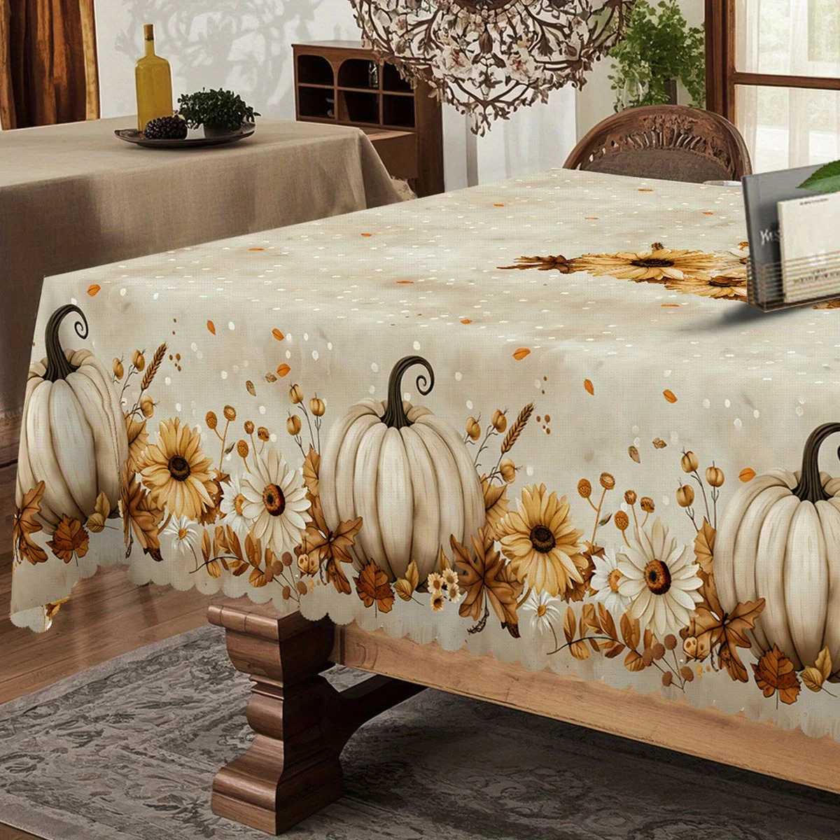 One-piece Thanksgiving tablecloth, retro pumpkin, flower and autumn leaf color, available in beige, gold and white.zyc