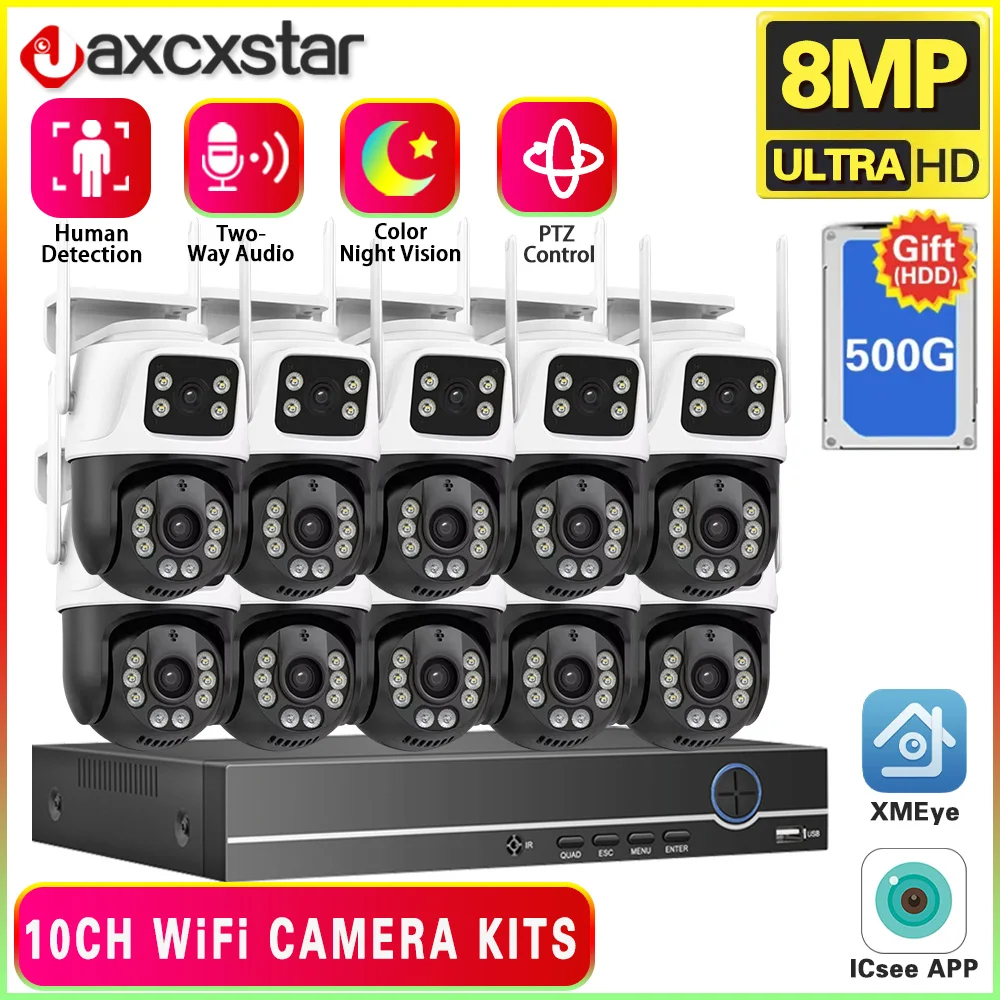 8MP 4K Wifi Street IP Camera Dual Lens Dual Screens Outdoor Wireless 10CH NVR Kit Auto Tracking CCTV Security Video Surveillance