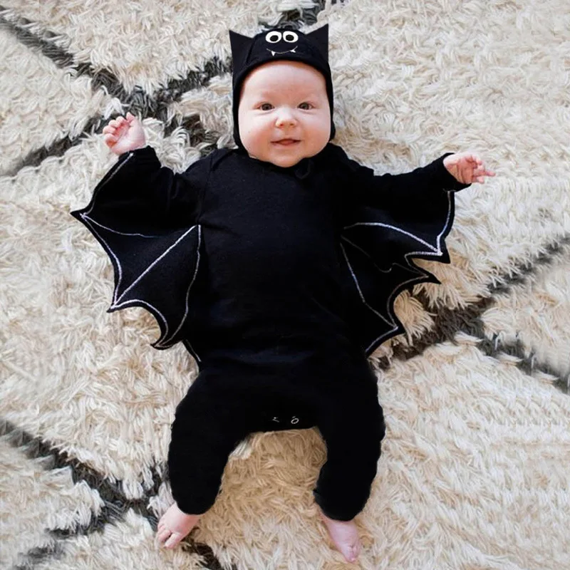 Halloween Costume for Baby Black Bat Romper Jumpsuit Infant Boys Girls Eyes Face Hat Purim Party Carnival Fancy Dress Cosplay