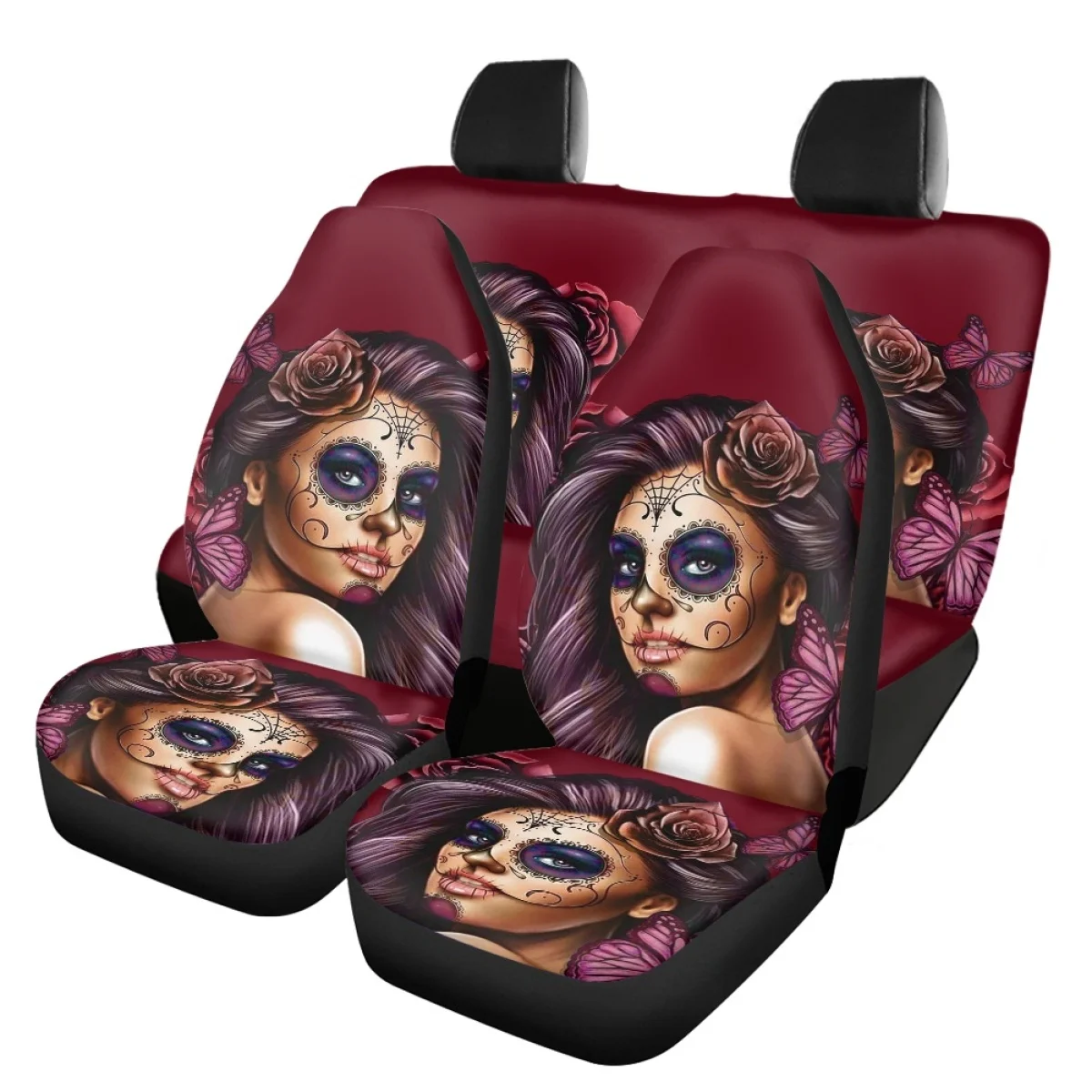 Day of the Dead Gothic Rose Girl 3D Print Car Seat Cover Full Set for Women Halloween Decor Auto Seat Cushion SUV Vehicles Sedan