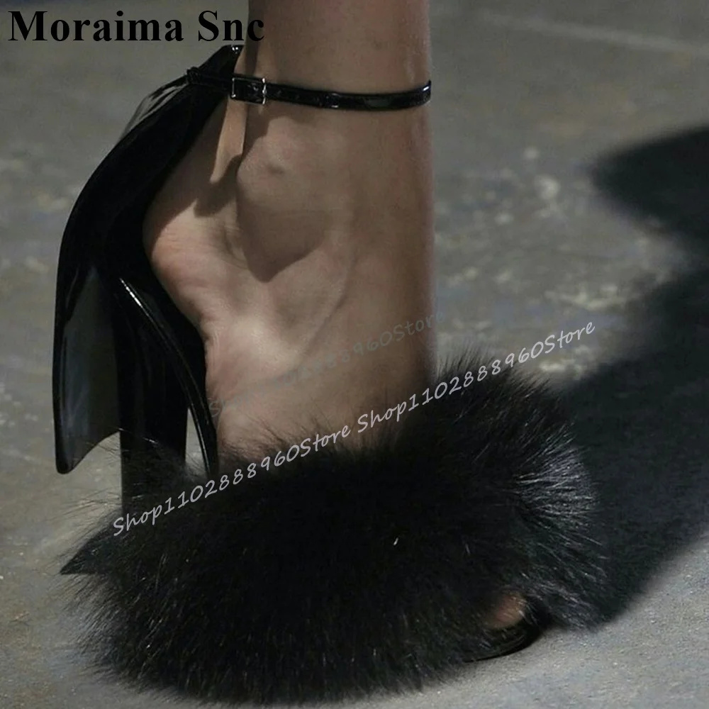 

Luxury Black Leather Furry Sandals Thin High Heel Shoes For Women Ankle Buckle Strap Open Toe 2025 Fashion Zapatos Para Mujere