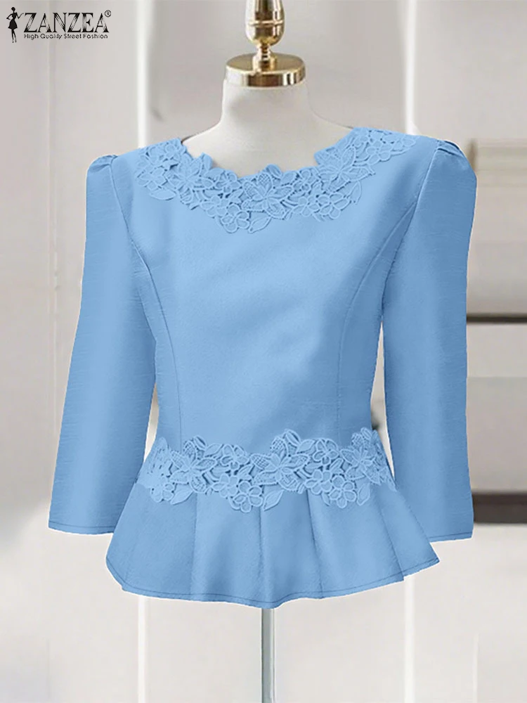 بلوزات ZANZEA النسائية الأنيقة المرقعة بالدانتيل موضة خريف 2025 رقبة مستديرة 3/4 كم بلوزات بحاشية مكشكشة بلوزات بيبلوم صلبة
