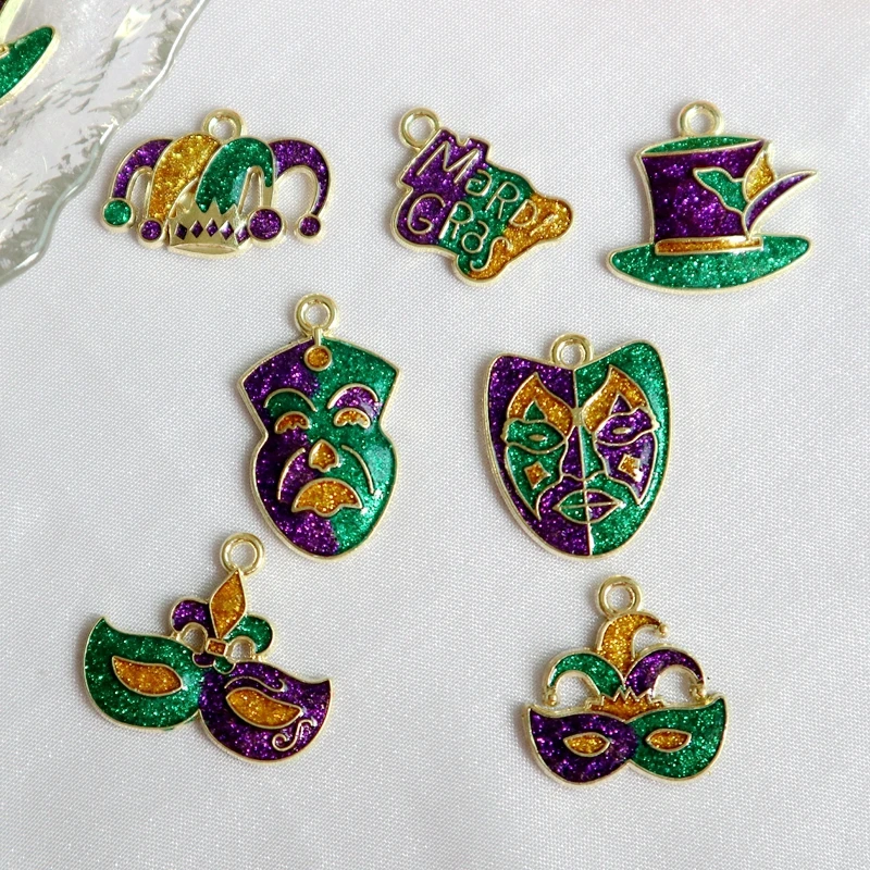 10pcs Mardi Gras Carnival Fat Tuesday Metal Pendant Shiny Hat Mask Alloy Charms DIY Necklace Bracelet Earring Keychain Accessory