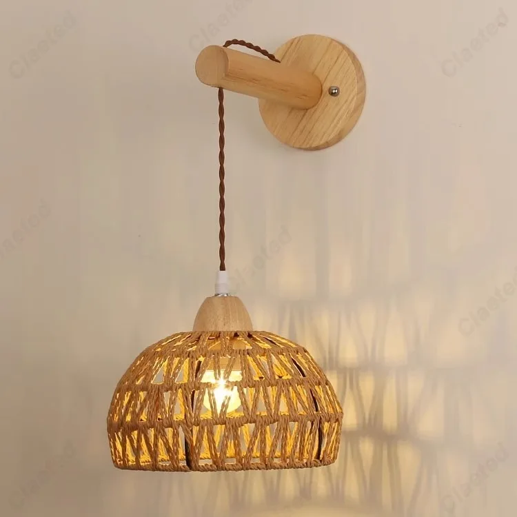 

Japanese Wooden Rattan Wall Lamp Bedroom Bedside Lamp Living Room Dining Room Decorative Atmosphere Lighting Lamps