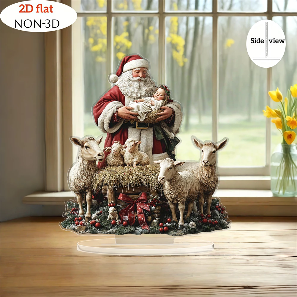 Christmas Nativity Scene Acrylic Stand 2D Flat Printed Desktop Ornament Santa Holy Manger Sheep Tabletop Decoration Holiday Home