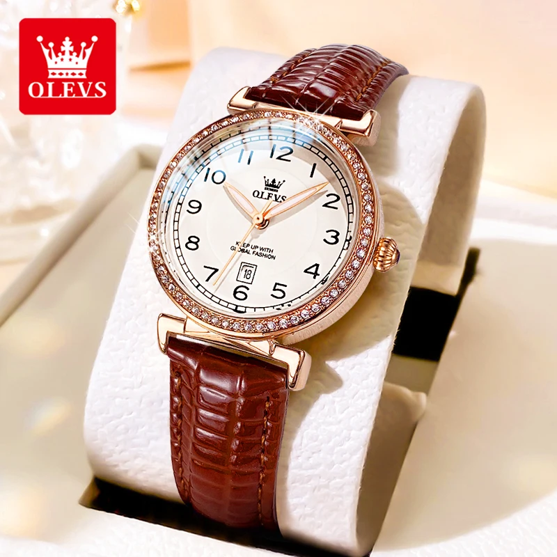 

OLEVS 5590 Elegant Original Quartz Watch for Women Diamond Bezel Leather Strap Waterproof Calendar Ladies Wristwatch Fashion