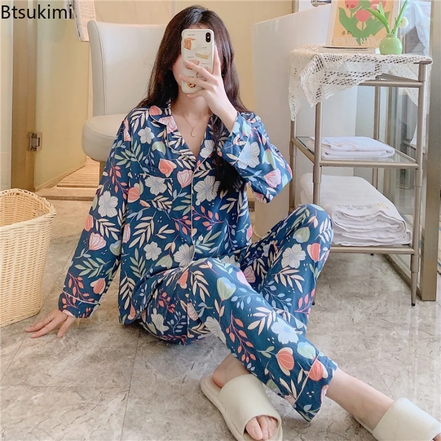 2025 Women's Spring  Autumn 2PCS Pajama Sets Long Sleeve Cardigan Tops and Pants Sets Ice-Silk Loungewear Girls Loungewear Set