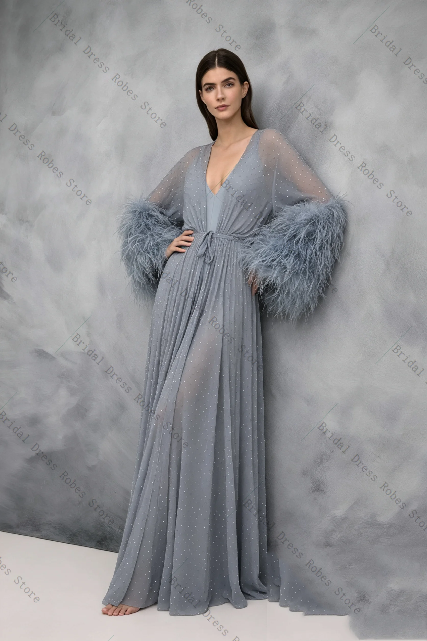 

Feather Beaded Luxury Women Prom Dress For Photoshoot Formal Sexy V Neck Belted Long Bridal Morning Robe Customized Night Gown