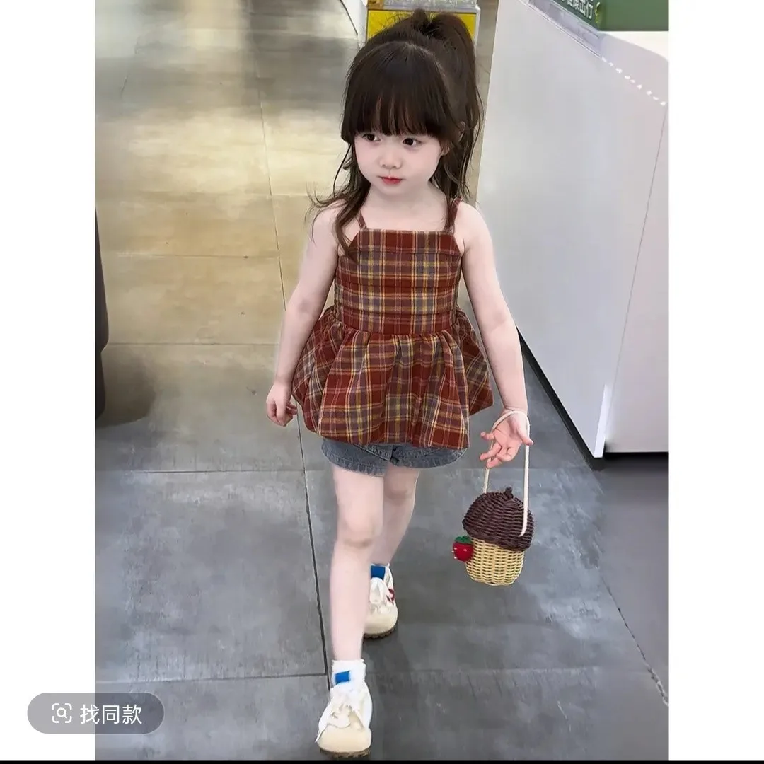 Girls Summer Set Fashion Checkered Vest Top And Denim Shorts Two-Piece Set Children's Outfit
