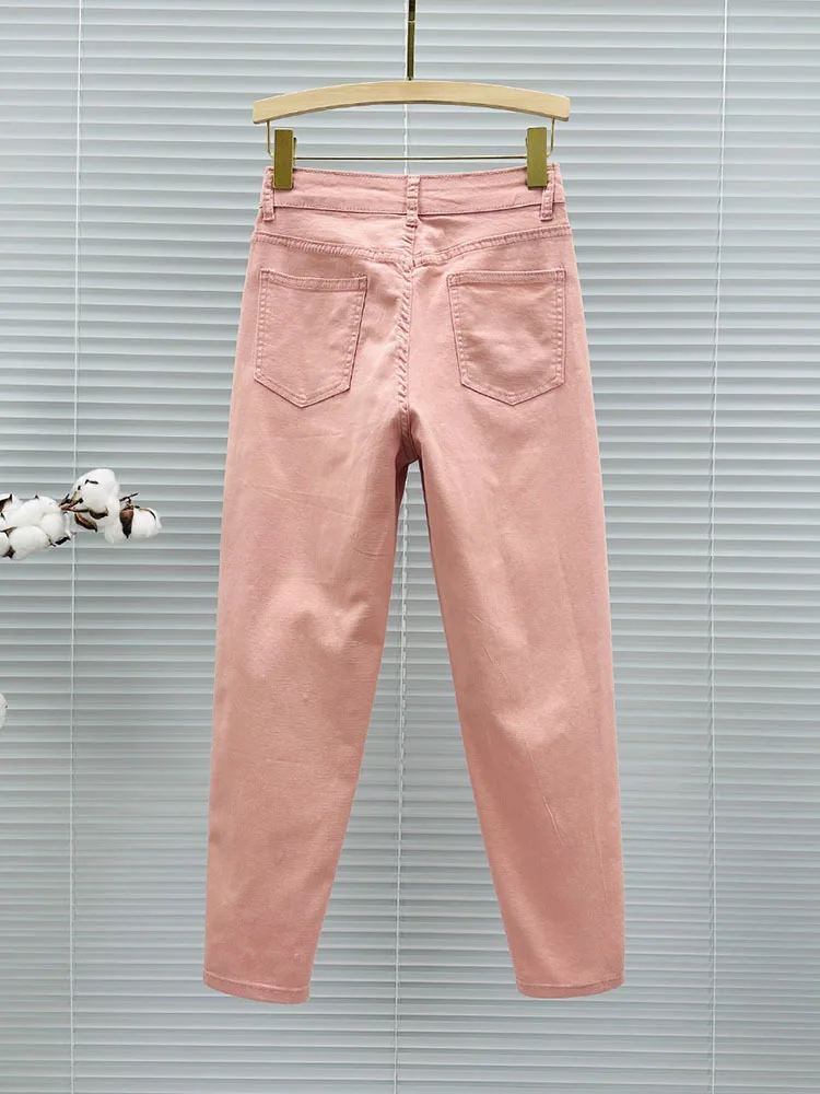 Thin Jeans for Women 2024 Spring Summer Cotton Elastic High Waist Loose Slim European Goods Hot Drilling Harlan Cropped Pants