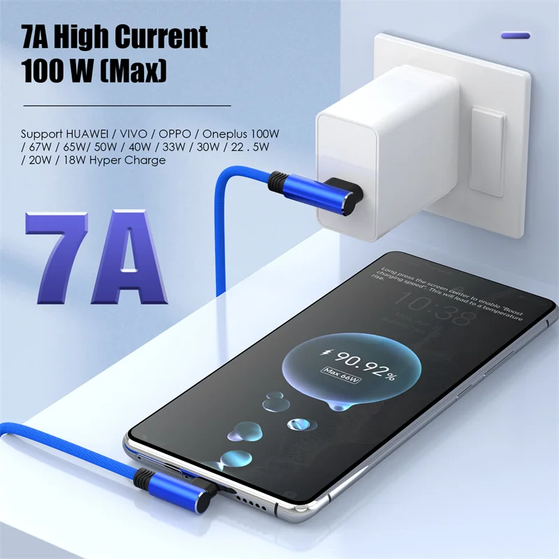 90 Degree 7A 100W USB C Type C Super-Fast Charge Cable for Huawei P40 P30 Fast Charing Data Cord for Xiaomi Oneplus Realme POCO