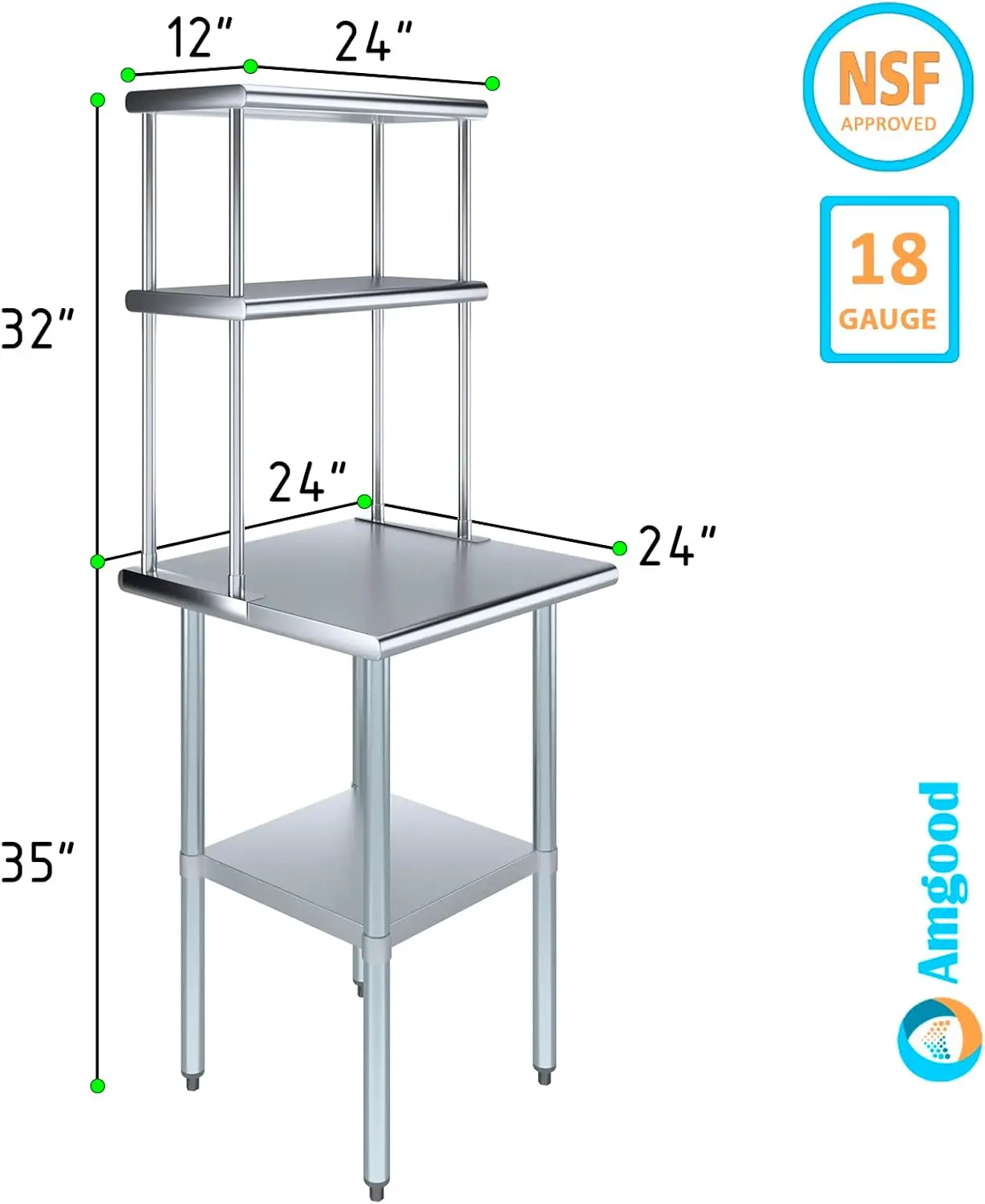 Metalen Keuken Prep Combo (Roestvrijstalen Tafel Met Dubbele Overplanken, 24 "Lang X 24" Diep)