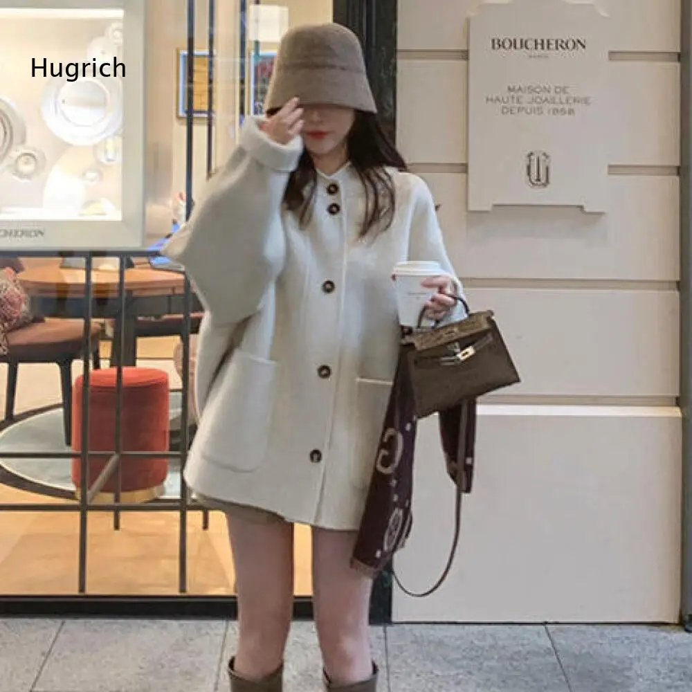 Oversized Loose Wool Blend Coat For Women Lapel Collar Single Breasted Style Big Patch Pockets For Casual Cold Weather Outfit