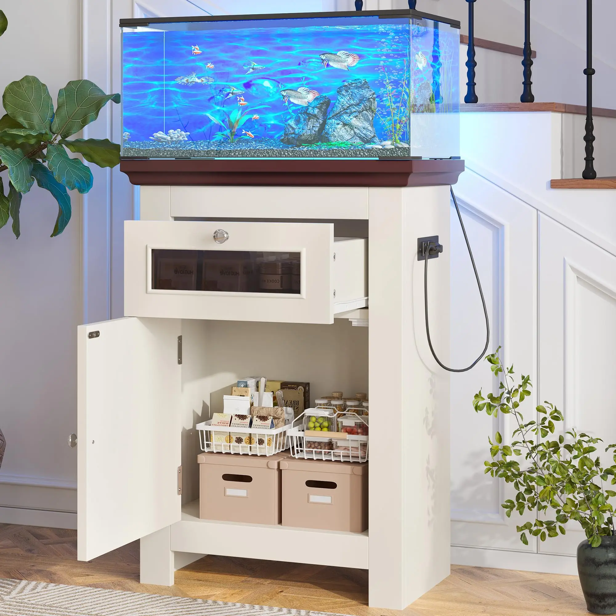 10-15 Gallon Fish Tank Stand with Power Outlets, Farmhouse Aquarium Stand with Storage Drawer & Cabinet, Aquarium Table