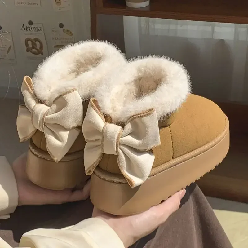 

2024 New Bow Women's Thick-Soled Warm Fleece-Lined Cotton Shoes Versatile Snow Boots Korean Style Increased Height For Students