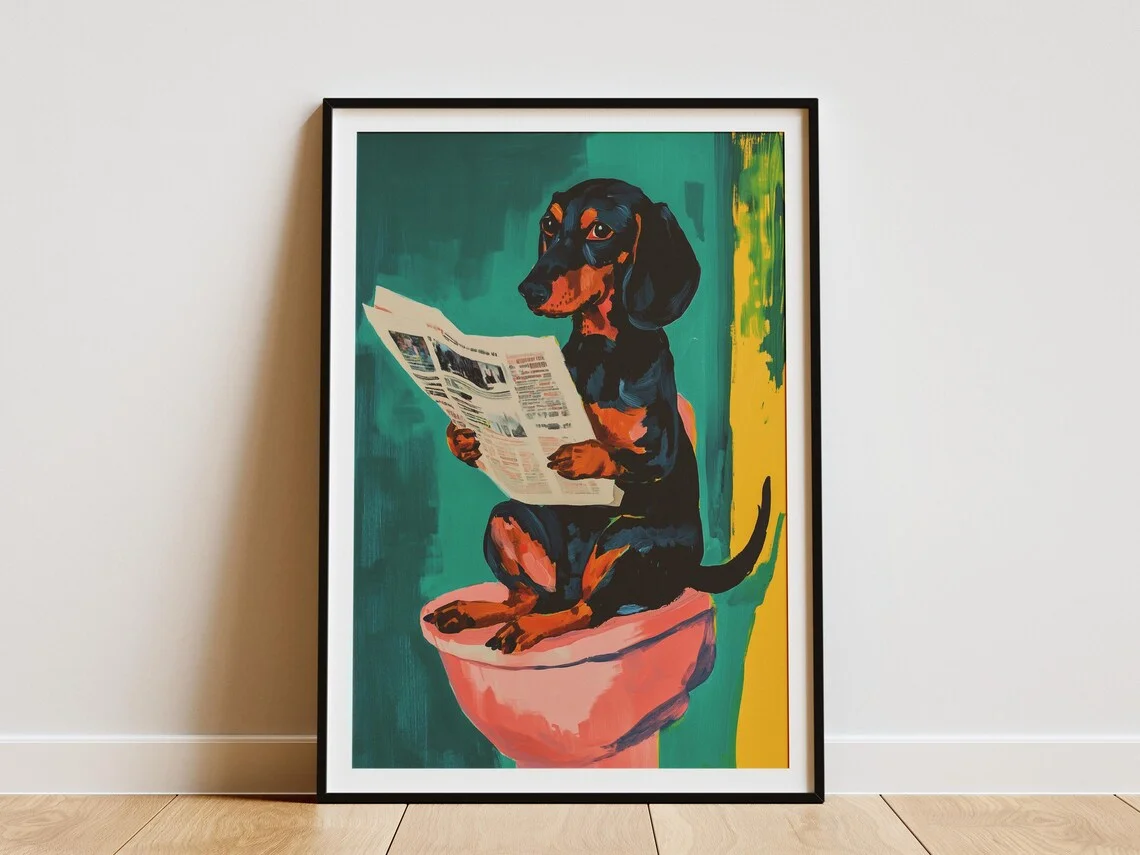 Playful Dachshund Wine Night Set - Humorous Print Collection Celebrating Canine Fun. The Clean White Backdrop and Expressive