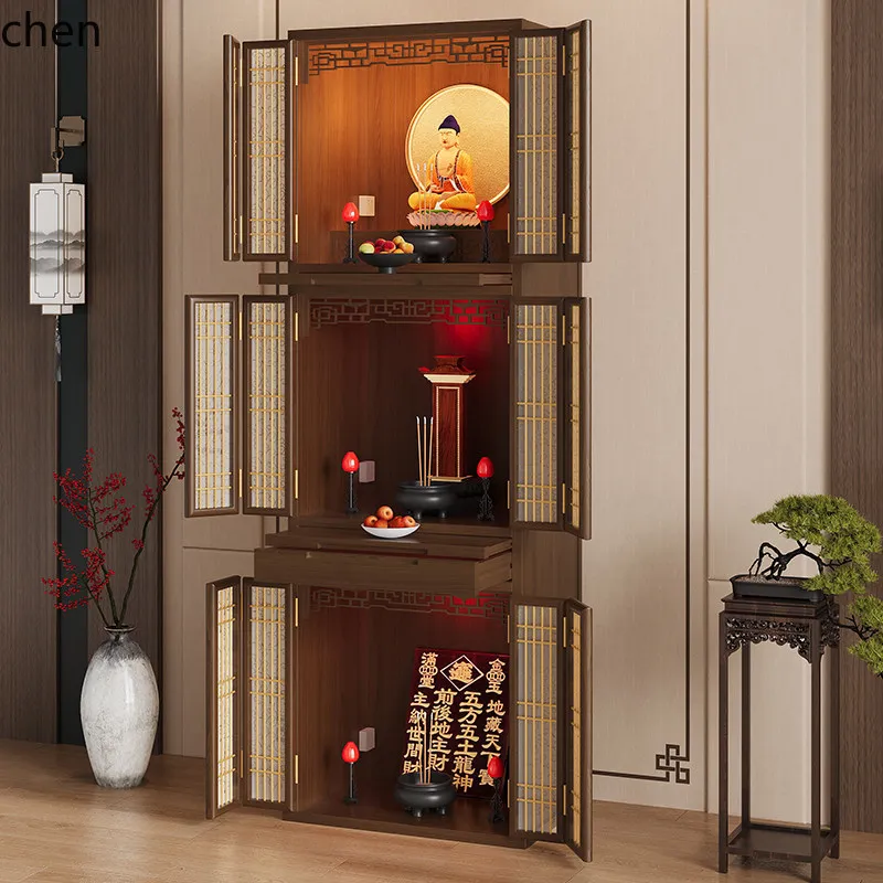 Cz solid wood buddhist niche standing cabinet for home god of wealth bodhisattva worship cabinet three-layer altar niche