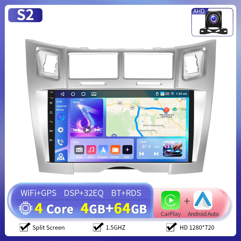Camecho 6 + 128G Autoradio Draadloze CarPlay Android Auto Voor Toyota Yaris Vizi 2005-2011 Auto intelligente Systeem GPS Stereo 4G WiFi