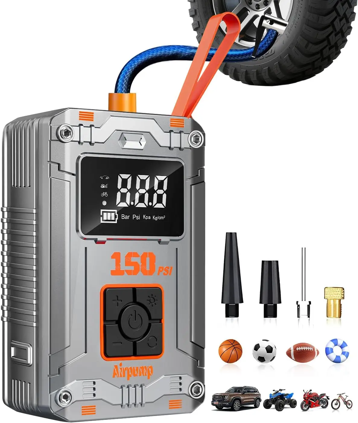 

Portable Tire Inflator 150PSI Cordless Air Compressor with Digital Display & 4 Nozzles, Fast Inflation for Cars, Motorcycles, Bi